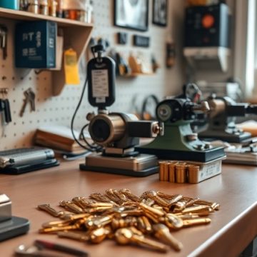 Professional locksmith workspace with specialized tools and key cutting equipment