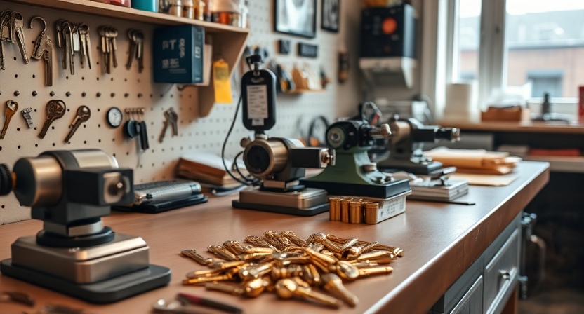 Understanding the Role of a Professional Key maker in Modern Security Professional locksmith workspace with specialized tools and key cutting equipment