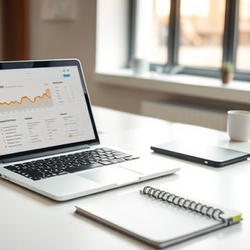 A clean, modern office desk featuring a laptop displaying website analytics and a notepad with digital marketing strategies.