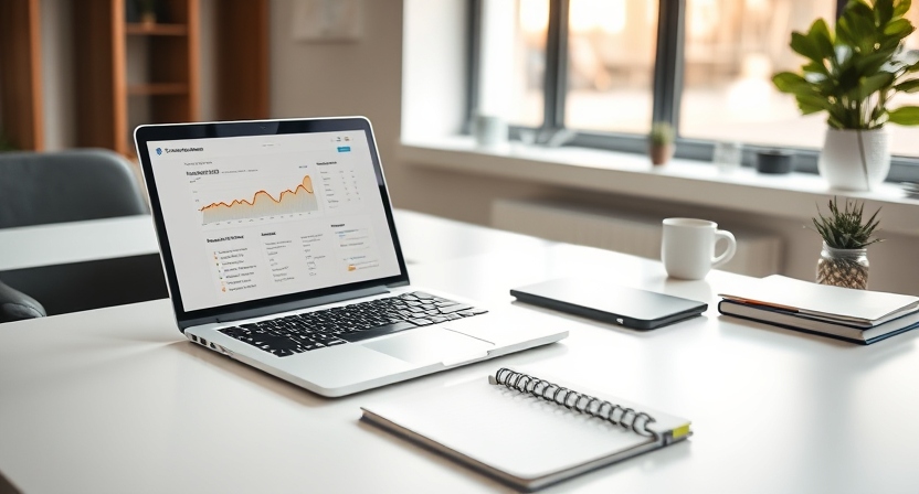 A clean, modern office desk featuring a laptop displaying website analytics and a notepad with digital marketing strategies.